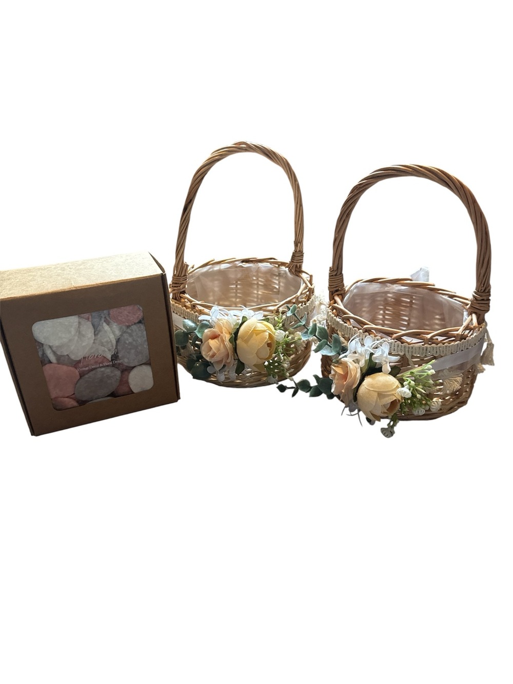 Wedding -Decorative Peach Floral Wicker Basket Set and silk rose petals